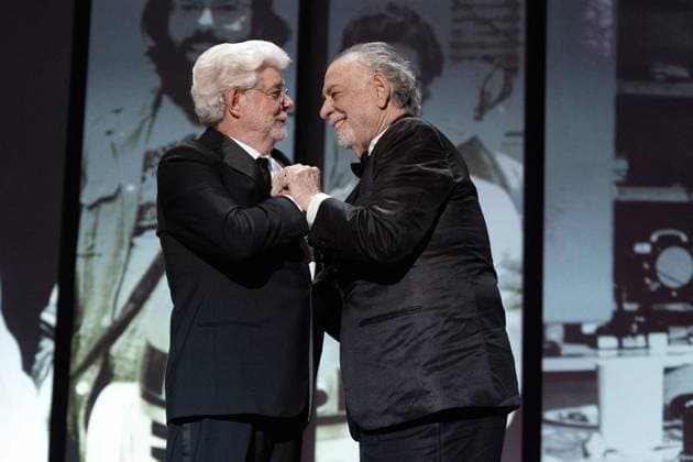 Bilder des Jahres 2024, Entertainment 05 Mai Entertainment Themen der Woche KW21 Annual Cannes Film Festival - Closing Ceremony - Cannes DN Francis Ford Coppola presents the Honorary Palme D?Or Award to George Lucas during the Closing Ceremony at the 77th annual Cannes Film Festival at Palais des Festivals on May 25, 2024 in Cannes, France. Photo by David NIVIERE ABACAPRESS.COM CANNES France  Copyright: xNivierexDavid ABACAPRESS.COMx