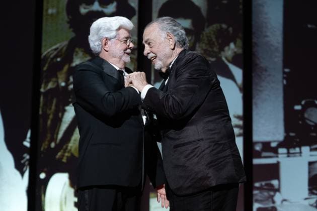 Annual Cannes Film Festival - Closing Ceremony - Cannes DN Francis Ford Coppola presents the Honorary Palme D?Or Award to George Lucas during the Closing Ceremony at the 77th annual Cannes Film Festival at Palais des Festivals on May 25, 2024 in Cannes, France. Photo by David NIVIERE ABACAPRESS.COM CANNES France  Copyright: xNivierexDavid ABACAPRESS.COMx