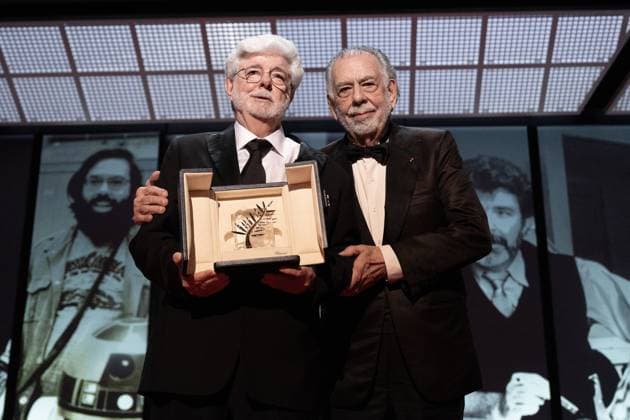 Annual Cannes Film Festival - Closing Ceremony - Cannes DN Francis Ford Coppola presents the Honorary Palme D?Or Award to George Lucas during the Closing Ceremony at the 77th annual Cannes Film Festival at Palais des Festivals on May 25, 2024 in Cannes, France. Photo by David NIVIERE ABACAPRESS.COM CANNES France  Copyright: xNivierexDavid ABACAPRESS.COMx