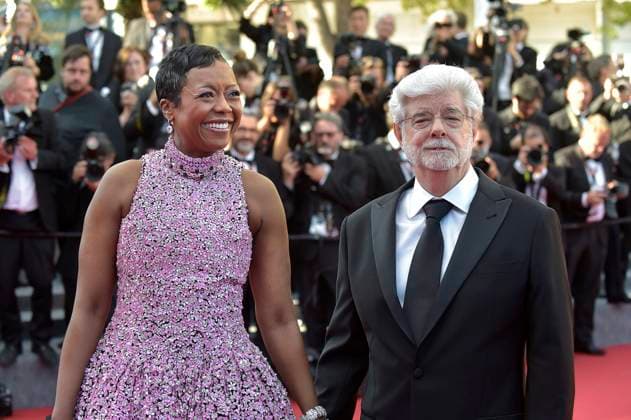 Mellody Hobson and George Lucas attend the Red Carpet of the closing ceremony at the 77th annual Cannes Film Festival at Palais des Festivals on Saturday, May 25, 2024 in Cannes, France.  CAN20240525207 RoccoxSpaziani