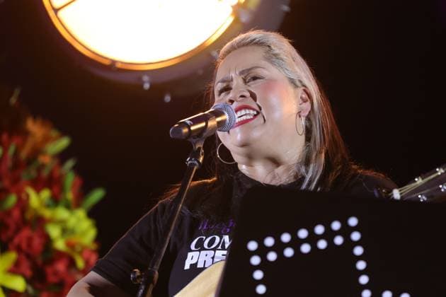 May 27, 2024, Mexico City, Ciudad de Mexico, Mexico: Vivir Quintana, activist, composer and Mexican singer-songwriter sings her latest song CompaoÂ±era Presidenta at Polyforum Siqueiros, song addressed to the candidates for the presidency of Mexico. Mexico City Mexico - ZUMAe321 20240527_zea_e321_002 Copyright: xLuisxMarin xEyepixxGroupx