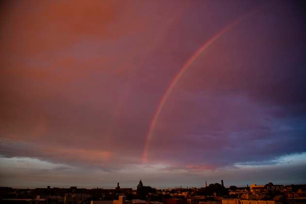 Vibrant double rainbow after passing storm Philadelphia, Pennsylvania, United States CR_GASU240516-1435351-01
