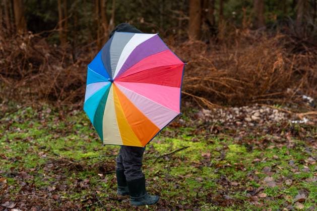 IMAGO Creative, Jahreszeit Herbst, Ferien A child holding a colorful umbrella, standing in a forest clearing Kincardine, Ontario, Canada R_ATBL240528EF-1441042-01 ,model released, Symbolfoto