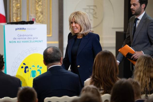 Award ceremony No to bullying at the Elysee - Paris French First Lady Brigitte Macron during the award ceremony No to bullying rewarding students involved in the fight againt cyberbullying at the French Elysee Presidential Palace, in Paris on May 29, 2024. Photo by Raphael Lafargue ABACAPRESS.COM Paris France  Copyright: xLafarguexRaphael ABACAx