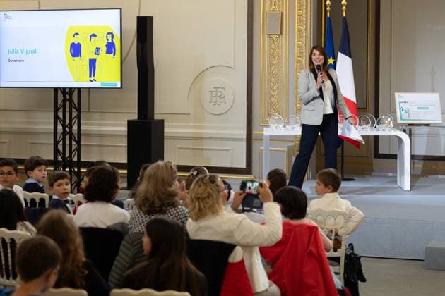 Award ceremony No to bullying at the Elysee - Paris Julia Vignali during the award ceremony No to bullying rewarding students involved in the fight againt cyberbullying at the French Elysee Presidential Palace, in Paris on May 29, 2024. Photo by Raphael Lafargue ABACAPRESS.COM Paris France  Copyright: xLafarguexRaphael ABACAx