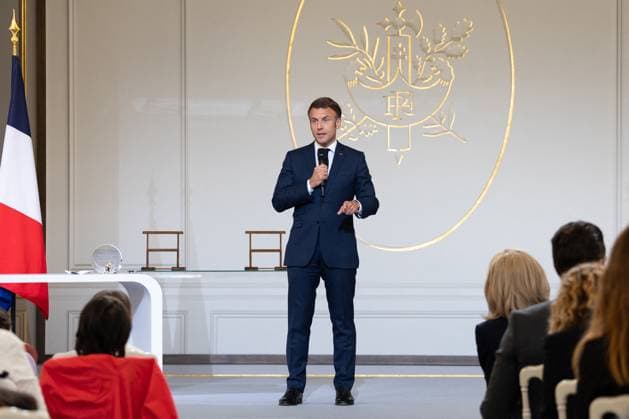 Award ceremony No to bullying at the Elysee - Paris French President Emmanuel Macron during the award ceremony No to bullying rewarding students involved in the fight againt cyberbullying at the French Elysee Presidential Palace, in Paris on May 29, 2024. Photo by Raphael Lafargue ABACAPRESS.COM Paris France  Copyright: xLafarguexRaphael ABACAx