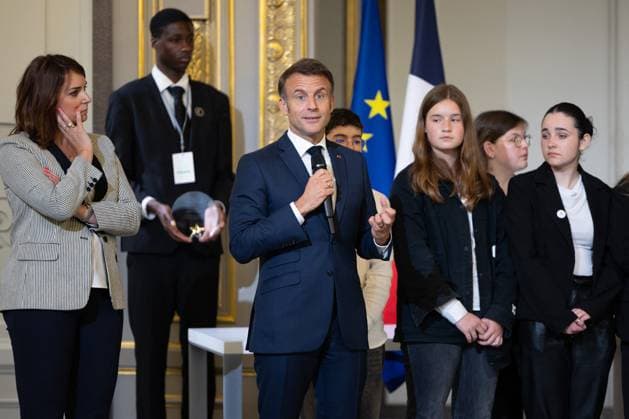 Award ceremony No to bullying at the Elysee - Paris French President Emmanuel Macron during the award ceremony No to bullying rewarding students involved in the fight againt cyberbullying at the French Elysee Presidential Palace, in Paris on May 29, 2024. Photo by Raphael Lafargue ABACAPRESS.COM Paris France  Copyright: xLafarguexRaphael ABACAx