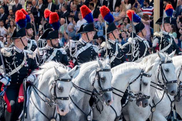 June 2, 2023, Rome, Italy: The Carabinieri on horseback parade during the military parade to celebrate the Italian Republic Day in Rome. Italian Republic Day is the Italian National Day, is one of the national symbols of Italy and is celebrated each year on 2 June with the main celebration taking place in Rome. The day commemorates the 1946 Italian institutional referendum held by universal suffrage, in which the Italian people were called to the polls to decide on the form of government between republic and monarchy after the end of the Second World War and the fall of Fascism. Rome Italy - ZUMAv147 20230602_zip_v147_009 Copyright: xMarcelloxValerix