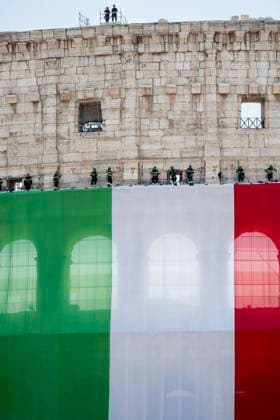 June 2, 2023, Rome, Italy: A large Italian flag was hung around the Colosseum by the Fire Brigade on the occasion of the military parade to celebrate the Italian Republic Day in Rome. Italian Republic Day is the Italian National Day, is one of the national symbols of Italy and is celebrated each year on 2 June with the main celebration taking place in Rome. The day commemorates the 1946 Italian institutional referendum held by universal suffrage, in which the Italian people were called to the polls to decide on the form of government between republic and monarchy after the end of the Second World War and the fall of Fascism. Rome Italy - ZUMAv147 20230602_zip_v147_027 Copyright: xMarcelloxValerix