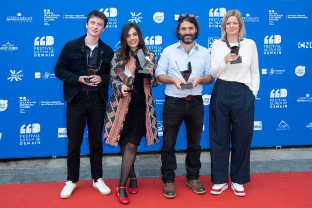 Vierzon Winners Photocall Paul Lenoir posing with his Award for the Best Short Movie with the movie Qui Ne Dit Mot, Vincent Cappello posing with his Honorable Mention Award for the movie Nouveau Monde, Margherita Vicario posing with her Award as Best Director for the movie Gloria, Jennifer Devoldere posing with her Audience Award for the movie Le Panache during the Winners Photocall as part of the Festival du Film de Demain in Vierzon, France on June 02, 2024. Photo by Aurore Marechal ABACAPRESS.COM Vierzon France  Copyright: xMarechalxAurore ABACAx