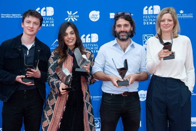 Vierzon Winners Photocall Paul Lenoir posing with his Award for the Best Short Movie with the movie Qui Ne Dit Mot, Vincent Cappello posing with his Honorable Mention Award for the movie Nouveau Monde, Margherita Vicario posing with her Award as Best Director for the movie Gloria, Jennifer Devoldere posing with her Audience Award for the movie Le Panache during the Winners Photocall as part of the Festival du Film de Demain in Vierzon, France on June 02, 2024. Photo by Aurore Marechal ABACAPRESS.COM Vierzon France  Copyright: xMarechalxAurore ABACAx