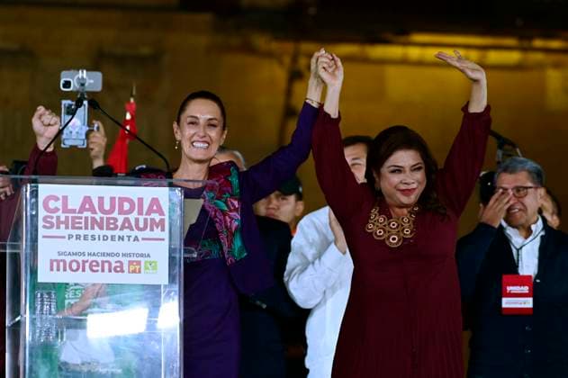 Claudia Sheinbaum Give Message After Won Mexico™s General Election 61-year-old, Candidate for Presidency of Mexico, Claudia Sheinbaum Pardo, accompanied by the Candidate for the Head of Government of Mexico City, Clara Brugada gives a message to her supporters to celebrate her victory after know the electoral preliminary results of of Mexico s general election. Claudia Sheinbaum won with won around 58% of votes, according the preliminary electoral results that release on Monday. on June 3, 2024 in Mexico City, Mexico. (Photo by Carlos Tischler Eyepix Group) Copyright: xCarlosxTischler xEyepixxGroupx CT_03062024_121819