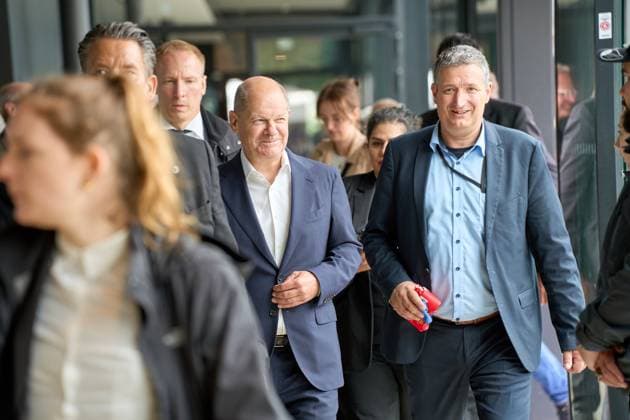 Munich, Bavaria, Germany - June 3, 2024: Federal Chancellor Olaf Scholz visits the Olympic Park in Munich, Bavaria on the occasion of UEFA EURO 2024