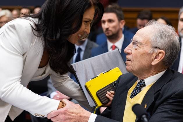US House Judiciary Committee - Select Subcommittee on the Weaponization of the Federal Government, Full Select Subcommittee, Hearing on the Weaponization of the Federal Government Former US Representative Tulsi Gabbard (Democrat of Hawaii) and United States Senator Chuck Grassley (Republican of Iowa) shake hands before a hearing on the Weaponization of the Federal Government in the Rayburn House Office Building in Washington, D.C., Thursday, Feb. 9, 2023. Credit: Julia Nikhinson CNP Washington District of Columbia United States of America EDITORIAL USE ONLY Copyright: xx DCJN12 JuliaxNikhinsonx-xCNPx cnpphotos268879