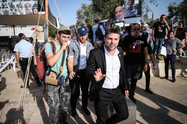 June 3, 2024, West Jerusalem, Israel: Israel s Finance Minister Bezalel Smotric addresses the relatives of Israelis being held hostage during the rally. Relatives and friends of Israelis held hostage by Palestinian Hamas militants in the Gaza Strip, gathered to listen to the Israeli Finance Minister during a rally in the center of Jerusalem. The Israeli s prime minister s far-right coalition partners, party leaders National Security Minister Itamar Ben Gvir and Finance Minister Bezalel Smotrich threatened on June 1 to quit the government if he goes ahead with a hostage release deal outlined by US President Joe Biden. West Jerusalem Israel - ZUMAs197 20240603_aaa_s197_203 Copyright: xSaeedxQaqx