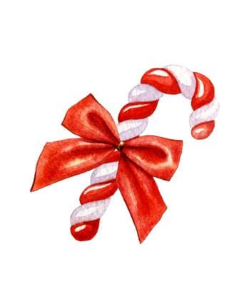 Candy cane decorated with a red bow. Watercolor illustration on a white background ,model released, Symbolfoto; Süßigkeit Krueckstock verziert mit einer Roter Verbeugung Aquarell illustrierung am einer weiß Hintergrund ,model released, Symbolfoto ING_19085_00056 RECORD DATE NOT STATED