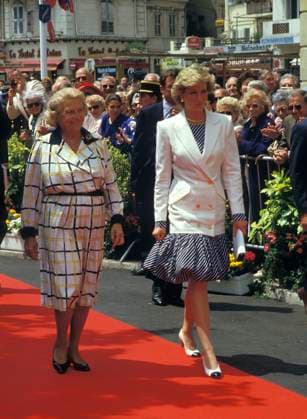 Cannes Film Festival HRH, THE PRINCESS DIANA OF WALES.Cannes Film Festival, France, 15th May 1987..Lady Di family her royal highness full length white jacket blue and white striped dress puff ball skirt two tone bi colour shoes pumps Chanel style.Ref: CAP PL. Phil Loftus Cannes France Copyright: xPhilxLoftus CapitalxPicturesx