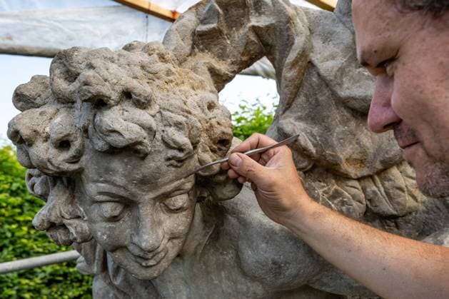 Restorer Michal Polak continues repairing the Angel of Gloria statue from the workshop of Matyas Bernard Braun in the grounds of the Baroque hospital in Kuks, Trutnov region, Czech Republic, June 5, 2024. Matthias Bernard Braun (1684-1738) was Bohemia s most significant baroque sculptor. (CTKxPhoto DavidxTanecek) CTKPhotoP2024060503123  CTKPhotoP2024060503123