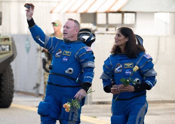(240605) -- WASHINGTON, June 5, 2024 -- NASA astronauts Butch Wilmore (L) and Suni Williams are seen before boarding Boeing s Starliner spacecraft at Cape Canaveral Space Force Station in Florida, the United States, June 5, 2024. NASA and Boeing launched the first crewed mission of the Starliner spacecraft from the U.S. state of Florida on Wednesday, sending two NASA astronauts to the International Space Station (ISS). ( NASA Handout via Xinhua) U.S.-NASA-BOEING-STARLINER-CREWED MISSION JoelxKowsky 