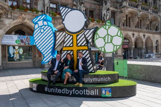 Mayor Verena Dietl, sports officer Florian Kraus and business officer Clemens Baumgäaertner unveiled the Munich Kindl on Marienplatz, which will be part of the UEFA EURO 2024 Spectacular in Munich The larger-than-life figure is intended to invite all fans and visitors to linger and come together
