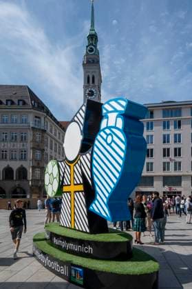 On Marienplatz, theMuenchner Kindl, which will be part of the UEFA EURO 2024 Spectacular in Munich The larger-than-life figure is intended to invite all fans and visitors to linger and come together