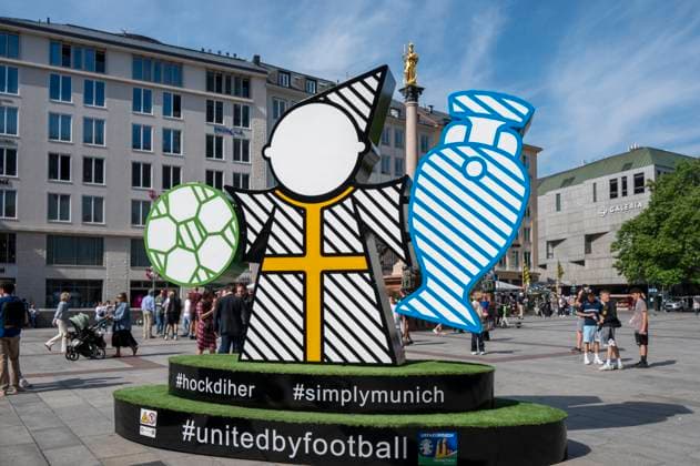 On Marienplatz, theMuenchner Kindl, which will be part of the UEFA EURO 2024 Spectacular in Munich The larger-than-life figure is intended to invite all fans and visitors to linger and come together