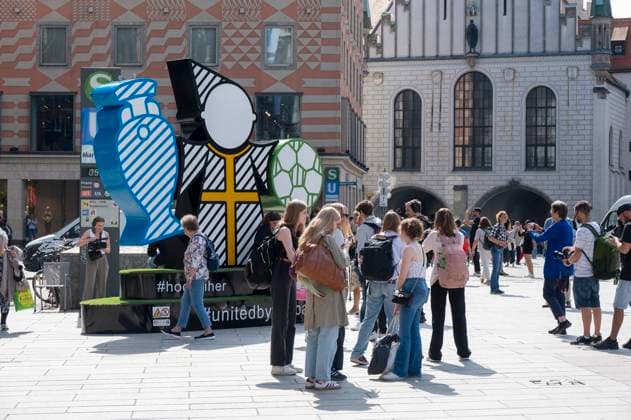 On Marienplatz, theMuenchner Kindl, which will be part of the UEFA EURO 2024 Spectacular in Munich The larger-than-life figure is intended to invite all fans and visitors to linger and come together
