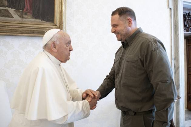 June 8, 2024, : This handout picture provided by the shows Pope Francis receiving Andrij Yermak, Head of the Office of the President of Ukraine, during an audience at the Vatican, 08 June 2024. ANSA NPK Vatican Media  - ZUMAa110 20240608_zaf_a110_008 Copyright: xVaticanxMediax