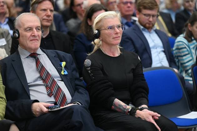 Yevhen Zakharov for human rights group Kharkiv and paramedic Julia Pajewska, code name Taira, at the award ceremony for the Lev Kopolev Prize for Peace and Human Rights 2023 2024