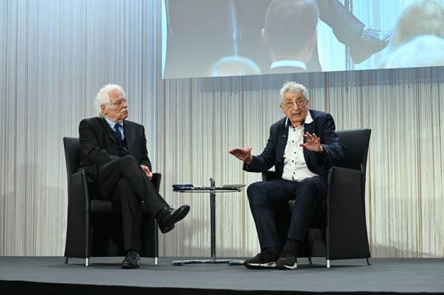 Journalist Thomas Roth and politician Gerhart Baum on the podium, l r at the award ceremony for the Lew Kopolew Prize for Peace and Human Rights 2023 2024