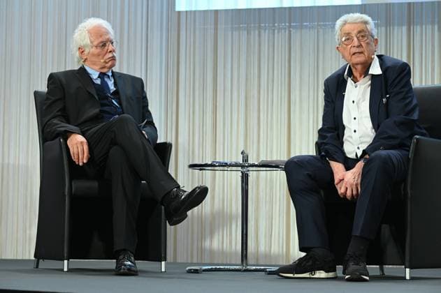 Journalist Thomas Roth and politician Gerhart Baum on the podium, l r at the award ceremony for the Lew Kopolew Prize for Peace and Human Rights 2023 2024