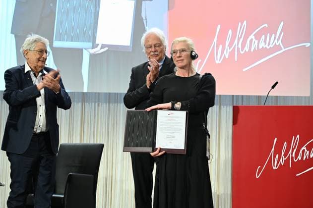Politician Gerhart Baum, journalist Thomas Roth, award winner paramedic Julia Pajewska, code name Taira , l r, pose at the award ceremony for the Lev Kopolev Prize for Peace and Human Rights 2023 2024