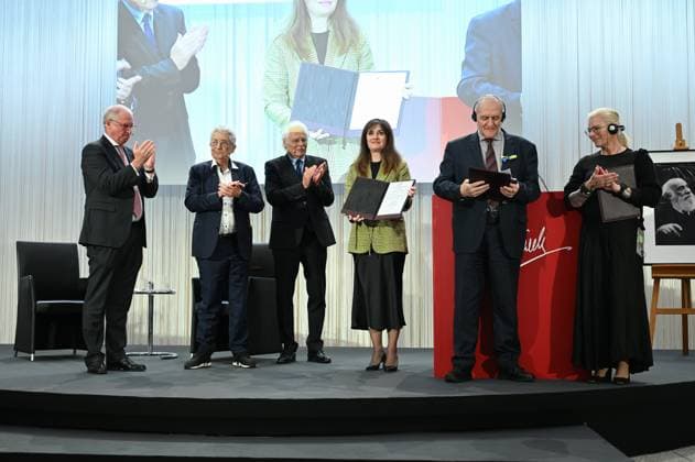 Chairman of the Management Board of Kreissparkasse Köln Alexander Wüerst, politician Gerhart Baum, journalist Thomas Roth, consul Irina Shum representing the Klitschko brothers, prize winner Yevhen Zacharov for the Kharkiv human rights group and paramedic Julia Pajewska pose at the award ceremony for the Lev Kopolev Prize for Peace and Human Rights 2023 2024