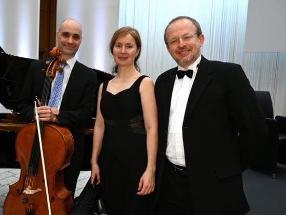 The classical trio conducted by Yaromyr Bozhenko poses at the award ceremony for the Lev Kopolev Prize for Peace and Human Rights 2023 2024
