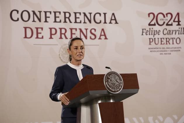 Mexico s incoming President, Claudia Sheinbaum Pardo, speaks during her first briefing at National Palace after meeting with outgoing president Andres Manuel Lopez Obrador. During the press conference she talked about her announcing her cabinet next week to begin the transition with the Mexican Government. Mexico City Mexico - ZUMAe321 20240610_zia_e321_039 Copyright: xLuisxBarronx