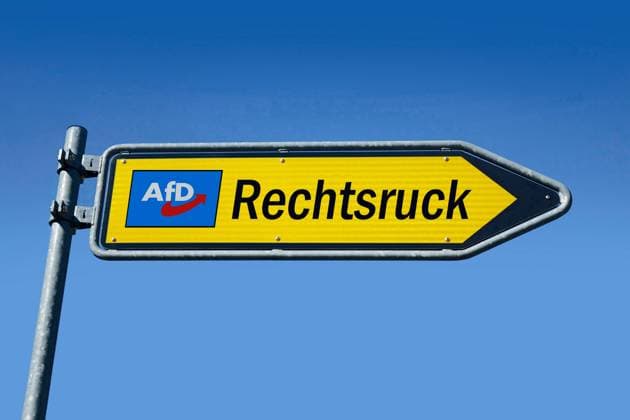 Wegweiser mit AfD-Logo und Rechtsruck Wegweiser mit AfD-Logo und Rechtsruck, 11.06.2024, Borkwalde, Brandenburg, In einem Wegweiser befindet sich ein AfD-Logo mit dem Schriftzug Rechtsruck. *** Signpost with AfD logo and shift to the right Signpost with AfD logo and shift to the right, 11 06 2024, Borkwalde, Brandenburg, In a signpost there is an AfD logo with the lettering shift to the right