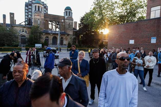 June 11, 2024, Toronto, On, CANADA: Parishioners and community members gather out front of the burnt out St. Anne s Anglican Church, during an evening vigil to mourn the loss of the church following a Sunday morning fire, Tuesday, June 11, 2024. Toronto CANADA  - ZUMAc35_ 20240611_zaf_c35_098 Copyright: xColexBurstonx