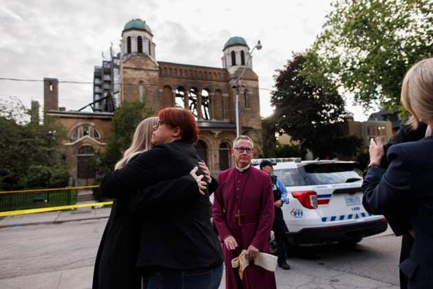 June 11, 2024, Toronto, On, CANADA: Parishioners and community members gather out front of the burnt out St. Anne s Anglican Church, during an evening vigil to mourn the loss of the church following a Sunday morning fire, Tuesday, June 11, 2024. Toronto CANADA  - ZUMAc35_ 20240611_zaf_c35_102 Copyright: xColexBurstonx