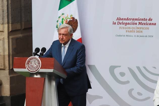 President of Mexico, Andro s Manuel LoÂ³pez Obrador, speaking during the flag-bearing ceremony of the Mexican delegation that will participate in the Paris 2024 Olympic Games, at the National Palace. Mexico City Mexico - ZUMAe321 20240611_zia_e321_033 Copyright: xCarlosxSantiagox