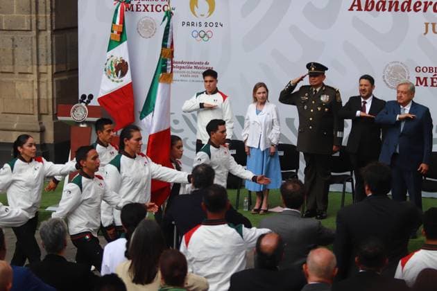 Head of Government of Mexico City Marti Batres Guadarrama and Mexico s President Andres Manuel Lopez Obrado during the flag-bearing ceremony of the Mexican delegation that will participate in the Paris 2024 Olympic Games, at the National Palace. Mexico City Mexico - ZUMAe321 20240611_zia_e321_036 Copyright: xCarlosxSantiagox