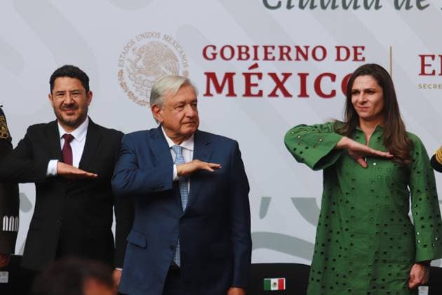 Flagging of the Mexican Team Heading to the Paris Olympic Games (L-R) Head of Government of Mexico City Marti Batres Guadarrama, Mexico s President Andres Manuel Lopez Obrador, Director of the National Commission of Physical Culture and Sports (CONADE) Ana Gabriela Guevara, during the flag-bearing ceremony of the Mexican delegation that will participate in the Paris 2024 Olympic Games, at the National Palace. on June 11, 2024 in Mexico City, Mexico. (Photo by Carlos Santiago Eyepix Group) Copyright: xCarlosxSantiago xEyepixxGroupx CS_11062024_122279