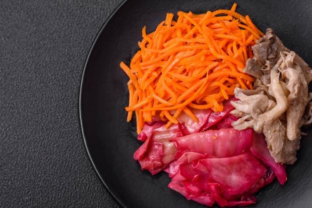 Delicious spicy mushrooms, carrots, cabbage sliced and cooked in Korean style Delicious spicy mushrooms, carrots, cabbage sliced and cooked in Korean style on a ceramic plate on a dark concrete background Copyright: xZoonar.com TetianaxChernykovax 21647970