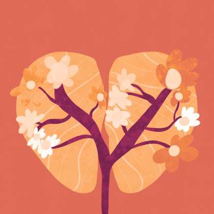 This illustration features a stylized tree with purple branches and white flowers against a warm red background, giving it a serene and artistic appearance Illustration Model Released HodeiUnzueta_ID21986_643942_003 Copyright: xHodeixUnzuetax RECORD DATE NOT STATED