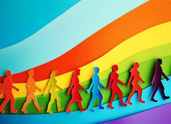Creative Highlights Symbolbilder AI Image. Pride colored paper cut illustration of diverse LGBT people on a rainbow A vivid illustration with silhouettes of people in various colors walking across a rainbow background, symbolizing unity and diversity during Pride Month. Generative AI image Model Released Zhenikeyev_ID21835_640105_005 Copyright: xZhenikeyevx RECORD DATE NOT STATED