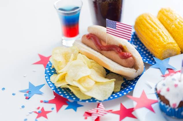 national holidays, celebration, food and patriotism concept - close up of hot dog with american flag decoration, potato chips and drinks on 4th july at party on independence day ,model released, Symbolfoto; Nationaler holidays, celebration, Lebensmittel und Patriotismus Konzept schließen Aufwärts des heiß Hund mit amerikanisch Fahne decoration, Kartoffel Jetons und Getraenke am 4th Juli im Fest am Unabhängigkeit Tag ,model released, Symbolfoto ING_33594_119096