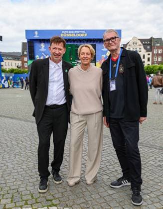 EURO 2024 Opening Fan Zone , Martina Voss Tecklenburg m with Düsseldorfs City Director Burkhard Hintzsche and Frank Schrader Düsseldorf Marketing are looking forward to the EURO Düsseldorf Burgplatz Fanzone NRW Germany