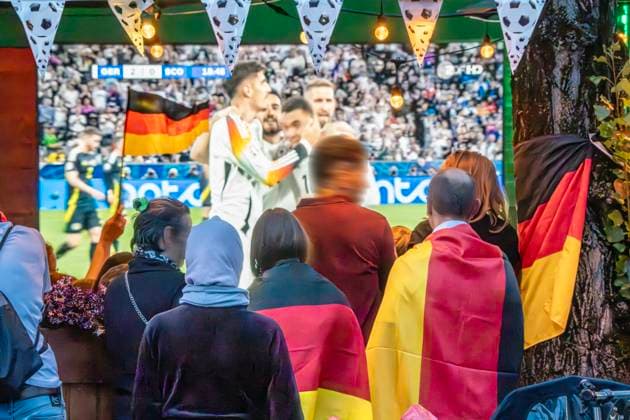 Public Viewing at Leopoldstraße, opening match Germany vs. Scotland, UEFA EURO 2024, Munich, June 14, 2024 Germany, Munich, June 14, 2024, German soccer fans at the Public Viewing at Leopoldstraße at