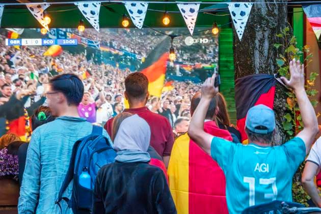 Public Viewing at Leopoldstraße, opening match Germany vs. Scotland, UEFA EURO 2024, Munich, June 14, 2024 Germany, Munich, June 14, 2024, German soccer fans at the public viewing at Leopoldstraße