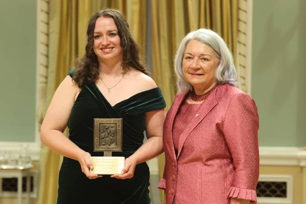 June 14, 2024, Ottawa, On, Canada: Emma McIntosh, a reporter with the Narwhal, poses for a photo with Governor General Mary Simon after receiving the 2023 Michener Award for her reporting on the Ontario Greenbelt scandal, at the Michener Awards Ceremony at Rideau Hall in Ottawa, on Friday, June 14, 2024. Ottawa Canada - ZUMAc35_ 20240614_zaf_c35_092 Copyright: xPatrickxDoylex