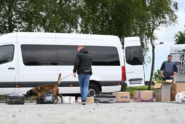 Border control on arrival traffic for the Netherlands first match A sniffer dog sniffs out luggage Since the early hours of June 15, the Bad Bentheim Federal Police Directorate has been checking arrival traffic at the Bunderneuland border crossing for the international match of the Dutch national team Bunde Lower Saxony Germany Copyright: xdiebildwerftx